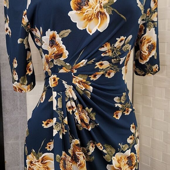 BRAND NEW CONNECTED APPAREL FLORAL COLORBLOCK RUCHED SIDE DESIGN 3/SLEEVE DRESS - Picture 5 of 15